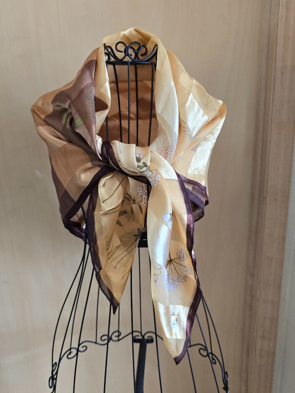 Beautiful Gold-Ivory-Green-Brown 39"x40" Floral Scarf - Picture 3 of 11